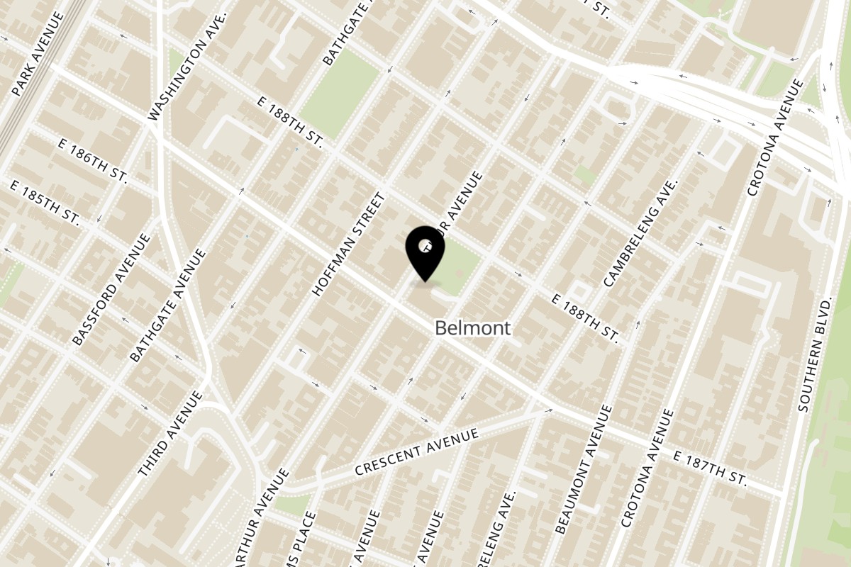 Map showing the location of Tino's Delicatessen on 2410 Arthur Ave in Bronx